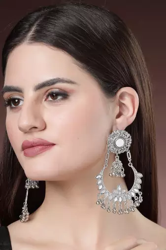 Women silver-plated mirror work oxidised chandbali earrings