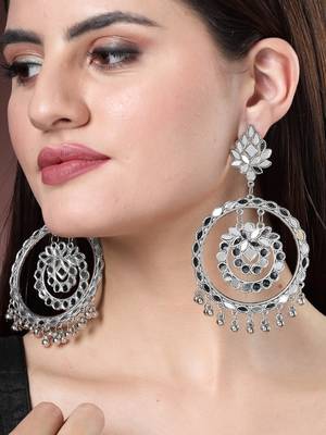 Women silver-toned mirror work oxidised contemporary drop earrings 2