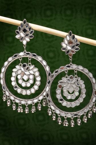 Women silver-toned mirror work oxidised contemporary drop earrings