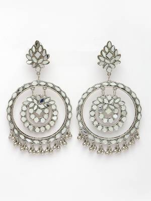 Women silver-toned mirror work oxidised contemporary drop earrings 3