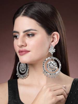 Women silver-toned mirror work oxidised contemporary drop earrings 5