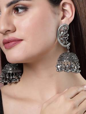 Women silver-plated oxidised dome shaped jhumka earrings 1