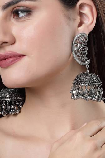 Women silver-plated oxidised dome shaped jhumka earrings