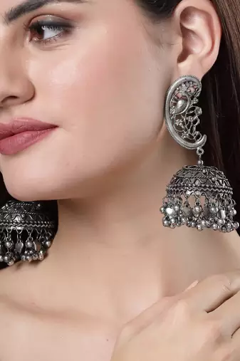 Women silver-plated oxidised dome shaped jhumka earrings