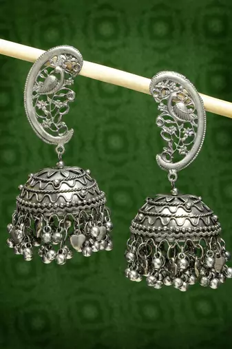 Women silver-plated oxidised dome shaped jhumka earrings