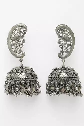 Women silver-plated oxidised dome shaped jhumka earrings