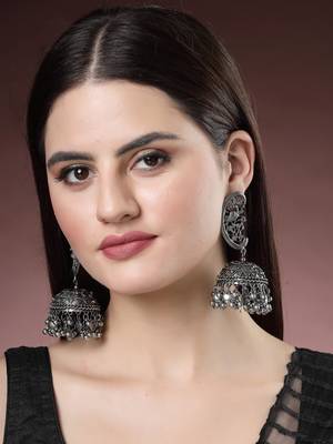 Women silver-plated oxidised dome shaped jhumka earrings 5