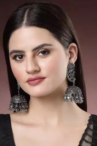 Women silver-plated oxidised dome shaped jhumka earrings