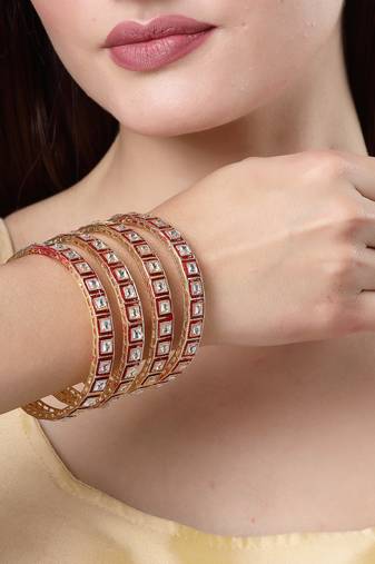 Women set of 4 gold-plated red kundan-studded traditional bangles