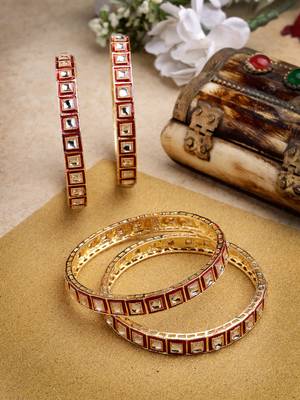 Women set of 4 gold-plated red kundan-studded traditional bangles 2