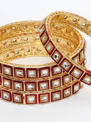Women set of 4 gold-plated red kundan-studded traditional bangles 3