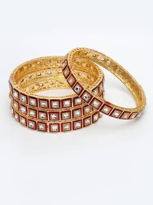 Women set of 4 gold-plated red kundan-studded traditional bangles 4