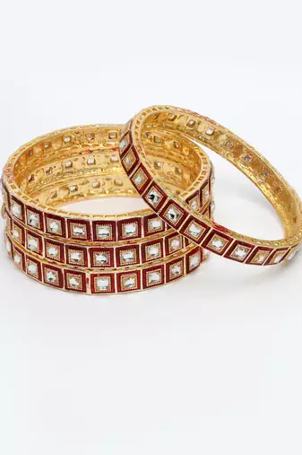 Women set of 4 gold-plated red kundan-studded traditional bangles