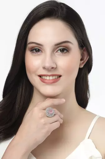 Women pink & silver cz-studded handcrafted adjustable finger ring