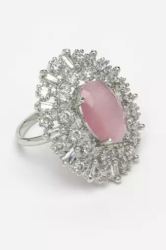 Women pink & silver cz-studded handcrafted adjustable finger ring