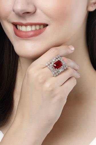 Women red & silver cz-studded  square-shaped adjustable finger ring