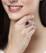Women red & silver cz-studded  square-shaped adjustable finger ring