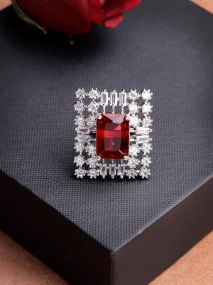 Women red & silver cz-studded  square-shaped adjustable finger ring 2