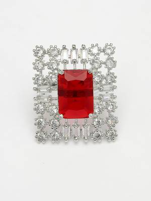Women red & silver cz-studded  square-shaped adjustable finger ring 3