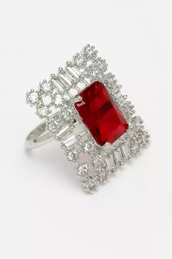 Women red & silver cz-studded  square-shaped adjustable finger ring