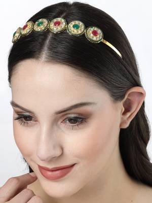 Women multi colour kundan gold-plated embellished hairband 2