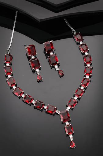 Women silver plated & maroon cz stone handcrafted jewellery set