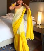 Yellow and White Cotton Contrast Saree