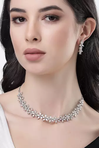 Women silver plated cz stone handcrafted jewellery set
