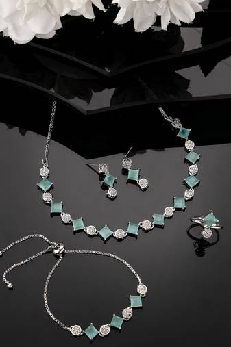 Women silver plated & blue cz stone handcrafted jewellery set
