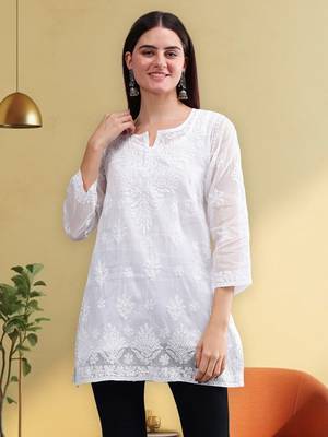 hand embroidered white kota lucknowi chikankari top with slip 1