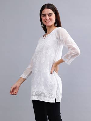 hand embroidered white kota lucknowi chikankari top with slip 2