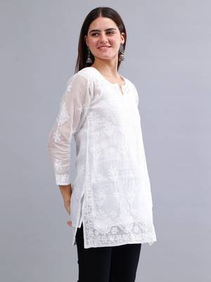 hand embroidered white kota lucknowi chikankari top with slip 3