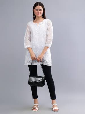 hand embroidered white kota lucknowi chikankari top with slip 5
