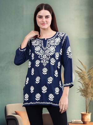 hand embroidered navy blue modal lucknowi chikankari top 1
