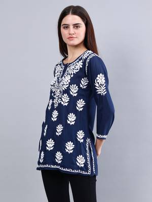 hand embroidered navy blue modal lucknowi chikankari top 2