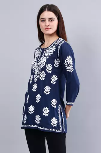 hand embroidered navy blue modal lucknowi chikankari top