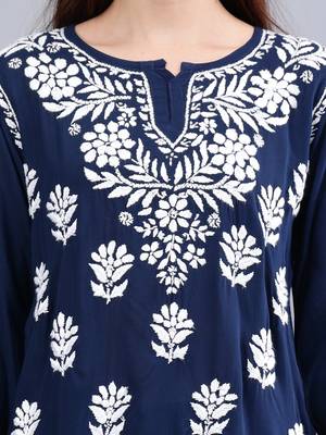 hand embroidered navy blue modal lucknowi chikankari top 3