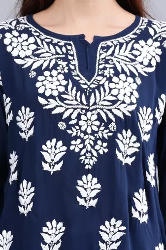 hand embroidered navy blue modal lucknowi chikankari top