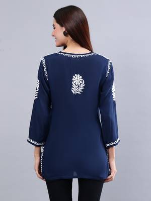 hand embroidered navy blue modal lucknowi chikankari top 4