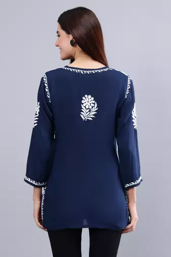 hand embroidered navy blue modal lucknowi chikankari top