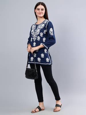 hand embroidered navy blue modal lucknowi chikankari top 5