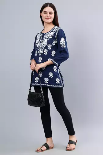 hand embroidered navy blue modal lucknowi chikankari top