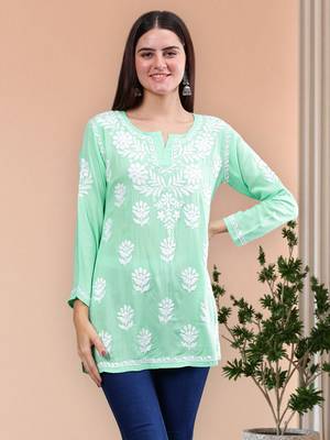hand embroidered sea green modal lucknowi chikankari top 1