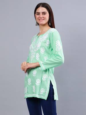 hand embroidered sea green modal lucknowi chikankari top 2