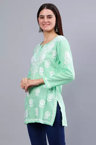 hand embroidered sea green modal lucknowi chikankari top