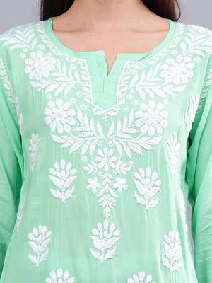 hand embroidered sea green modal lucknowi chikankari top 3