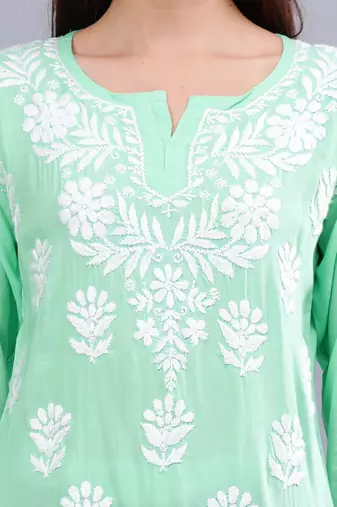 hand embroidered sea green modal lucknowi chikankari top