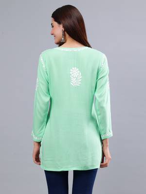 hand embroidered sea green modal lucknowi chikankari top 4