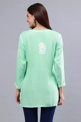 hand embroidered sea green modal lucknowi chikankari top