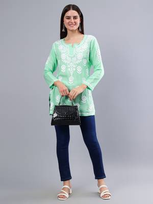hand embroidered sea green modal lucknowi chikankari top 5